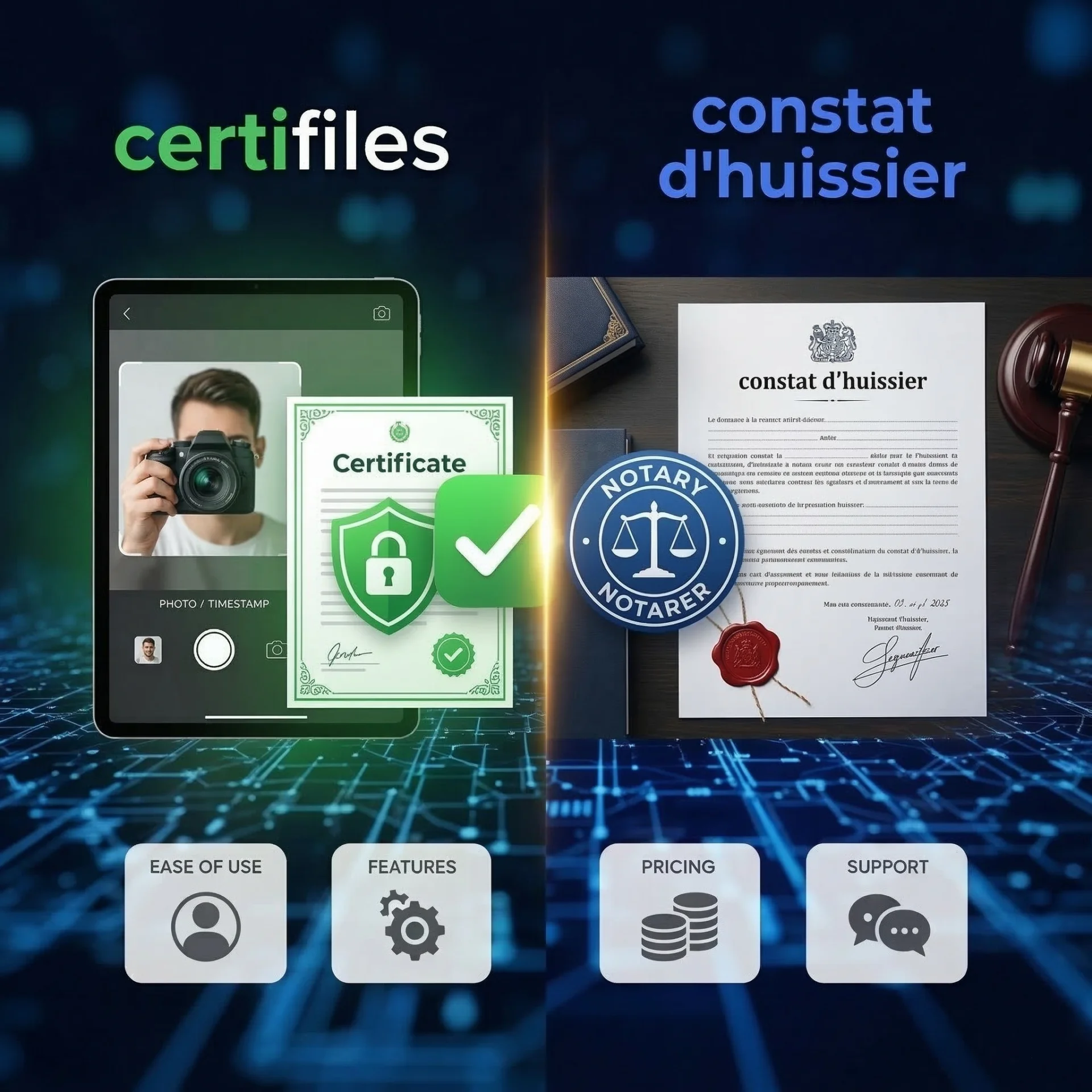 Certification photo vs constat d'huissier : prix, valeur juridique, comparatif (2026)